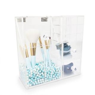 【美得像專櫃】多功能防塵刷具桶帶9格口紅+2抽屜-含珠珠(珍珠刷具筒 防塵掀蓋收納盒 刷具收納)