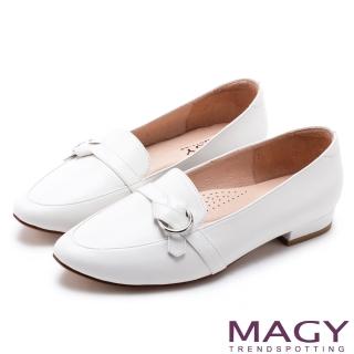 【MAGY】復古潮流 真皮圓釦細帶尖頭樂福鞋(白色)