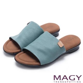 【MAGY】簡約夏日 超軟皮革寬版一字平底拖鞋(藍色)