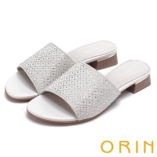 【ORIN】魅力新時尚 寬版一字布面燙鑽低跟拖鞋(米白)