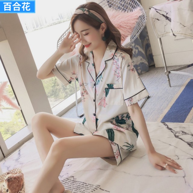 【I.Dear】韓系清新居家風印花冰絲綢短袖短褲睡衣兩件組(8色)