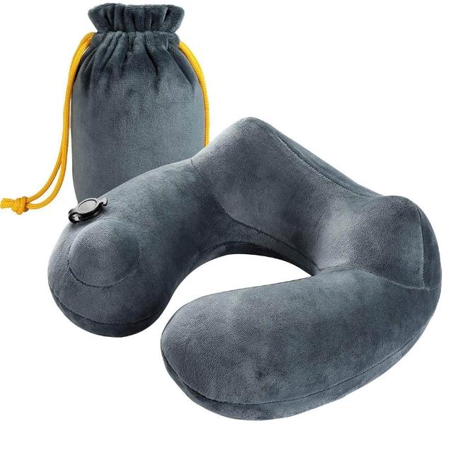按壓快速充氣頸枕 超小收納 快速排氣閥 駝峰護頸U型枕 涼感冰絲 旅行飛機枕(★旅遊必備★)