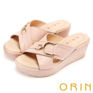 【ORIN】愜意渡假風情 馬蹄扣環牛皮交叉楔型拖鞋(粉紅)
