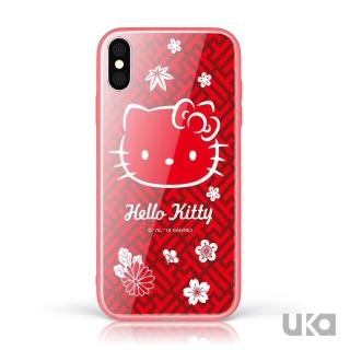 【SANRIO 三麗鷗】iPhone X/Xs Hello Kitty 9H鋼化玻璃彩繪背蓋(紅紅火火凱蒂)