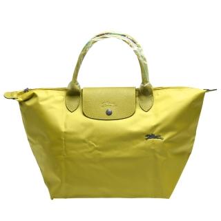 【LONGCHAMP】經典LE PLIAGE系列刺繡摺疊暗釦/拉鍊短提把尼龍水餃包(中-檸檬黃1623619-P19)