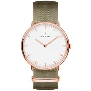 【Nordgreen】ND手錶 本真 Native 36mm 玫瑰金殼×白面 波希米亞綠尼龍錶帶(NR36RGNYAGXX)