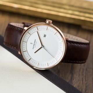 【Nordgreen】ND手錶 哲學家 Philosopher 40mm 玫瑰金殼×白面 深棕真皮錶帶(PH40RGLEDBXX)