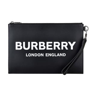 【BURBERRY 巴寶莉】BURBERRY白字LOGO牛皮6卡拉鍊掛腕手拿包(黑)