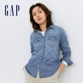 【GAP】女裝 棉質舒適翻領青年布襯衫(239372-淺靛藍)