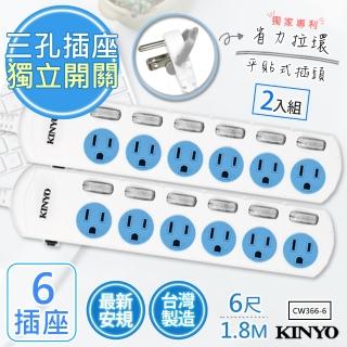 【KINYO】6呎1.8M 3P6開6插安全延長線台灣製造•新安規-2入組(CW366-6)