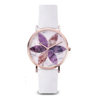 【ALLY DENOVO】浪漫紫羅蘭花樣大理石白色皮帶腕錶(AF5019.3)