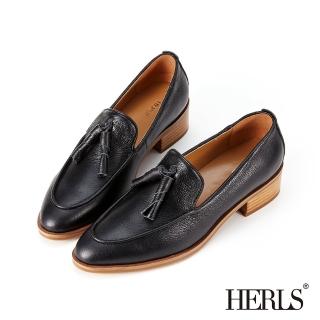 【HERLS】樂福鞋-全真皮捲心流蘇尖頭粗跟樂福鞋(黑色)