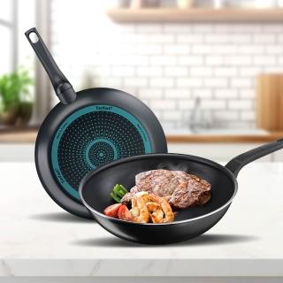 【Tefal 特福】momo獨家 法國製火焰/水星系列28CM不沾鍋雙鍋組-平底鍋+炒鍋