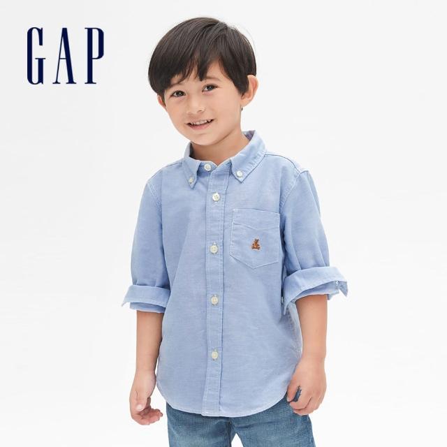 【GAP】男幼童 小熊刺繡純色長袖襯衫(911790-天藍色)