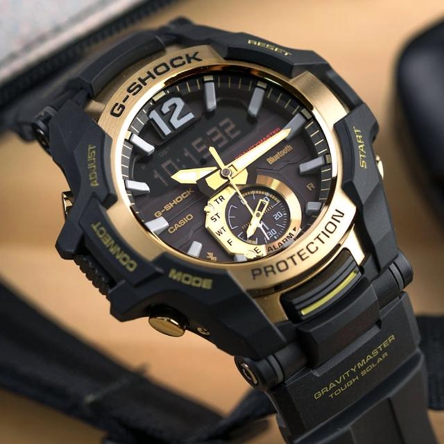 【CASIO 卡西歐】G-SHOCK 飛行專家帥氣太陽能藍芽腕錶/金x黑(GR-B100GB-1ADR)