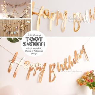 【kiret】生日派對佈置燙金Happybirthday玫瑰金 三角旗拉旗-贈皇冠帽(串旗 裝飾旗)