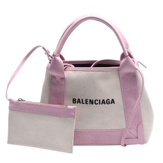 【Balenciaga 巴黎世家】經典NAVY系列牛皮飾邊手提/斜背帆布包(XS-玫瑰粉390346-AQ38N-9268)