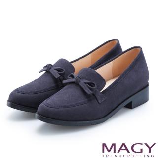 【MAGY】復古潮流 氣質蝴蝶結絨布低跟鞋(藍色)