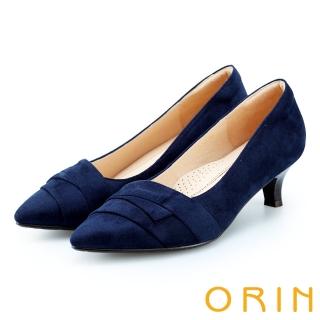 【ORIN】成熟魅力款 造型斜邊絨布尖頭中跟鞋(藍色)