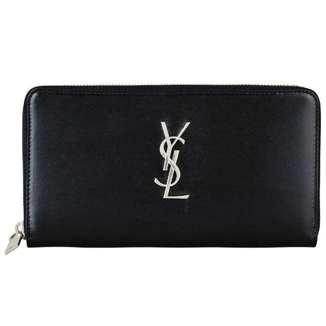 YSL【YSL】YSL Classic經典銀字LOGO光滑小牛皮拉鍊長夾(黑)