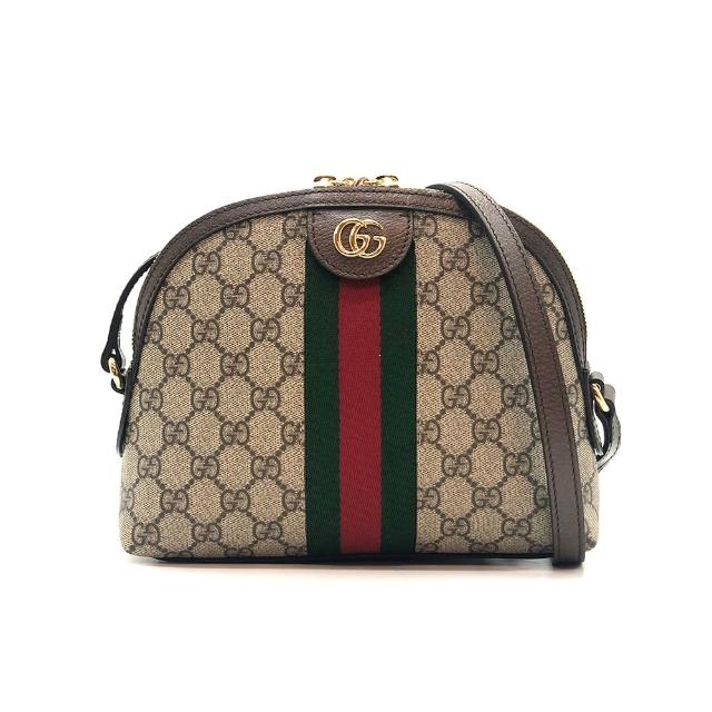 【GUCCI 古馳】經典Ophidia系列 綠紅綠織帶斜背貝殼包(499621-棕)