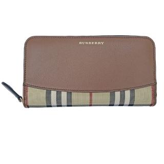 【BURBERRY 巴寶莉】經典格紋拼接皮革拉鍊長夾