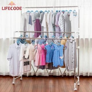 【LIFECODE】《屏風三桿》可升高曬衣架-附輪可移動(附20個防風圈)