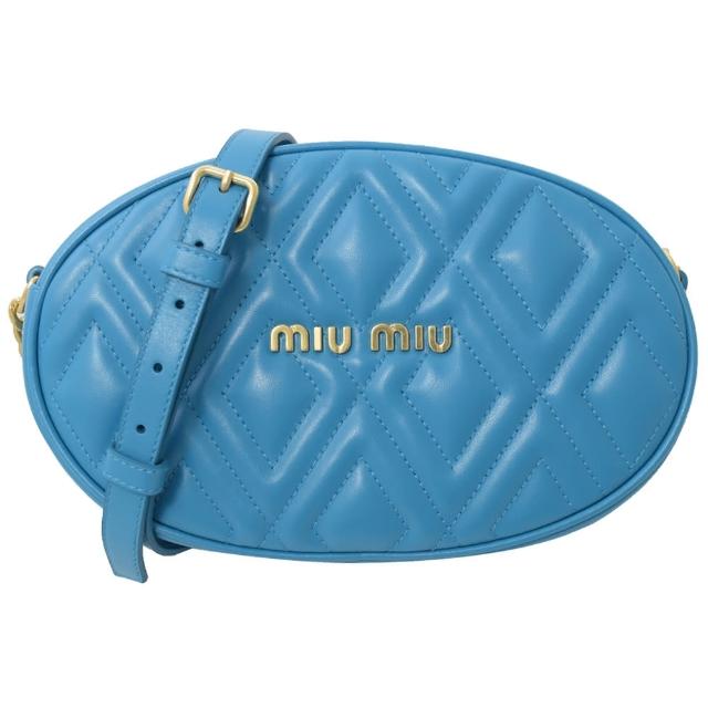 MIU MIU【MIU MIU】浮雕LOGO菱格鍊條斜背圓包/晚宴包(藍)