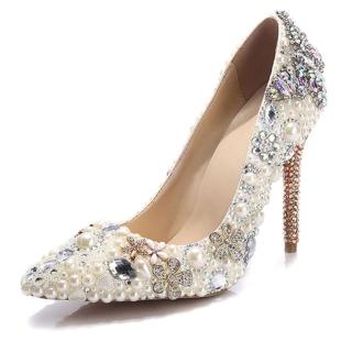【JP Queen New York】奢華婚宴珍珠水鑽蝴蝶尖頭細高跟鞋(珍珠白)