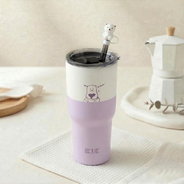 【IKUK 艾可】真陶瓷保溫保冰杯-全陶瓷吸管杯冰壩杯900ml贈5件組(吸管杯/保溫瓶/大容量/環保杯)