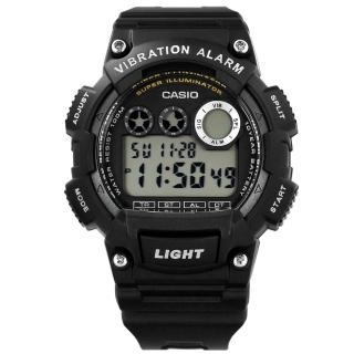 【CASIO 卡西歐】震動提示 計時碼錶 兩地時間 防水100M 電子數位 橡膠手錶 黑色 48mm(W-735H-1A)