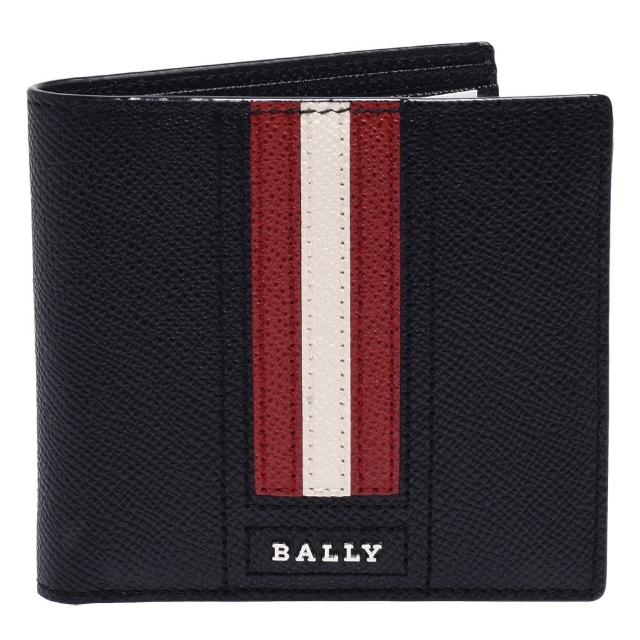 BALLY【BALLY】經典紅白紅條紋荔枝紋牛皮摺疊包短夾(黑X紅6224898)