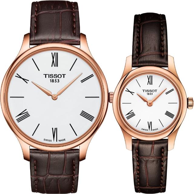 TISSOT 天梭【TISSOT 天梭】Tradition 羅馬戀人石英對錶-白x咖啡/39+25mm(T0634093601800+T0630093601800)