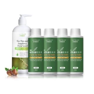【MONSA】茶樹無患子防護洗手乳500ML x1 + 茶樹防護乾洗手凝露型100ML x4(防護搭配 有一套 效期短惠價)