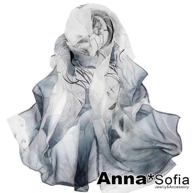 【AnnaSofia】仿蠶絲領巾絲巾圍巾-魅染荷花 軟柔雪紡(灰黑系)