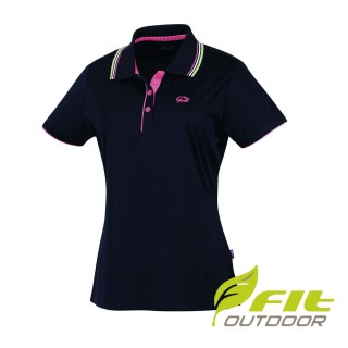 【Fit 維特】女-吸排抗UV短袖撞色POLO衫-經典黑 HS2107-79(POLO衫/抗UV/休閒上衣)
