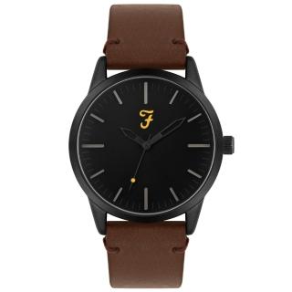 【Farah】英國原廠 42mm 黑面 黑框 咖啡色皮革錶帶 情人節/父親節(FAR2001)
