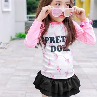 【橘魔法】芭比防曬長袖泳裝+黑色褲裙 二件式 女童泳衣(橘魔法 玩水褲 現貨 水母衣 泳衣 兒童)