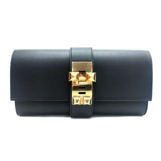 【Hermes 愛馬仕】Medor Sanguine CDC皮革金色鉚釘穿式手拿包(黑)