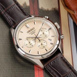 【SEIKO 精工】都會風雅時尚三眼計時皮革腕錶/咖啡x銀框(SSB293P1_M)