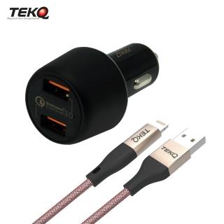 【TEKQ】USB雙孔 3A QC3.0 車充快速充電器 單孔18W+TEKQ uCable Apple 蘋果手機高速傳輸線 120cm(快充組合)
