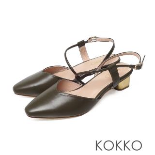 【KOKKO 集團】優雅方頭繞帶小牛皮粗跟鞋(深薄荷綠)