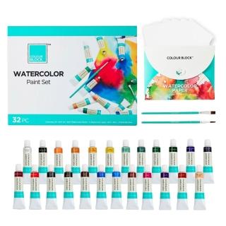 【COLOUR BLOCK】24色水彩顏料繪畫套組 附筆刷 水彩紙(管狀水彩 水彩畫具 小學生禮物 開學文具)
