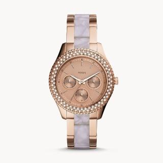 【FOSSIL】Stella玫瑰色系三眼大理石鑽石不銹鋼手錶-粉色38mm(ES4755)