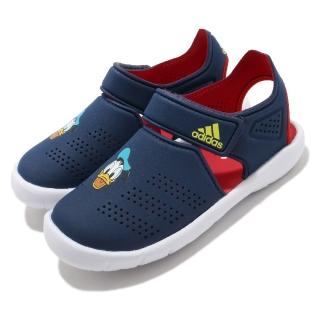【adidas 愛迪達 】童鞋 涼拖鞋 Fortaswim Stripes C   愛迪達 魔鬼氈 快速排水 唐老鴨 中童 藍 紅(FW6051)