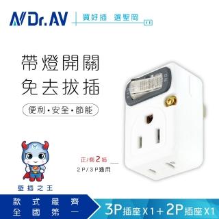 【Dr.AV 聖岡科技】節電1開2插分接器、插頭、壁插、充擴座-2入組（TNT-827）