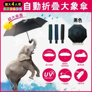 【生活良品】日系極簡4人用雙層風力散熱自動摺疊開收大象傘(黑色+贈同色晴雨傘套)
