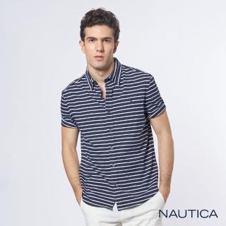 【NAUTICA】舒適純棉條紋短袖襯衫(海軍藍)