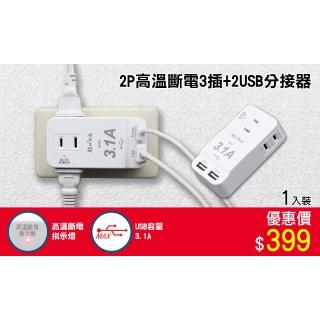 【朝日科技】2P3插+2USB高溫斷電分接器15A(高溫斷電+USB分接器)