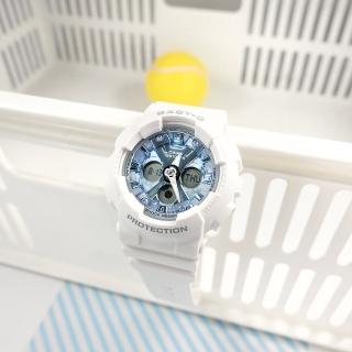 【CASIO 卡西歐】Baby-G 雙顯 帥氣甜美 計時碼錶 防水100米 運動 橡膠手錶 藍白色 43mm(BA-130-7A2)